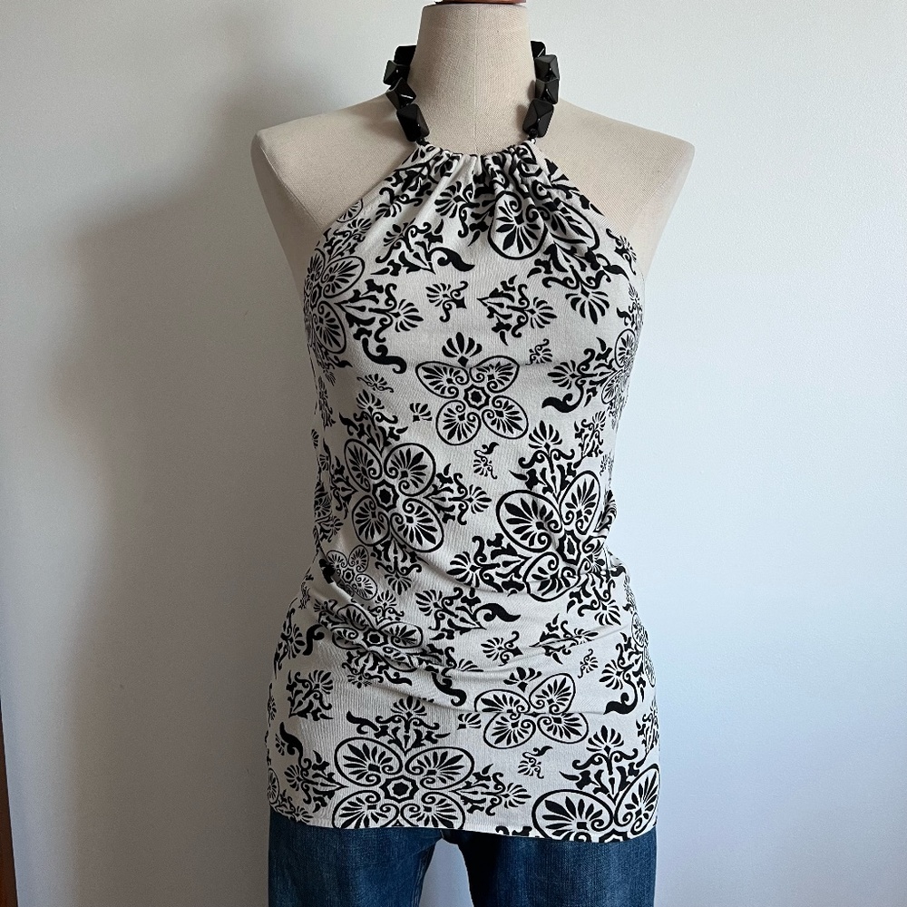 White House Black Market - Cream & Black Floral Tie Neck Tank Top